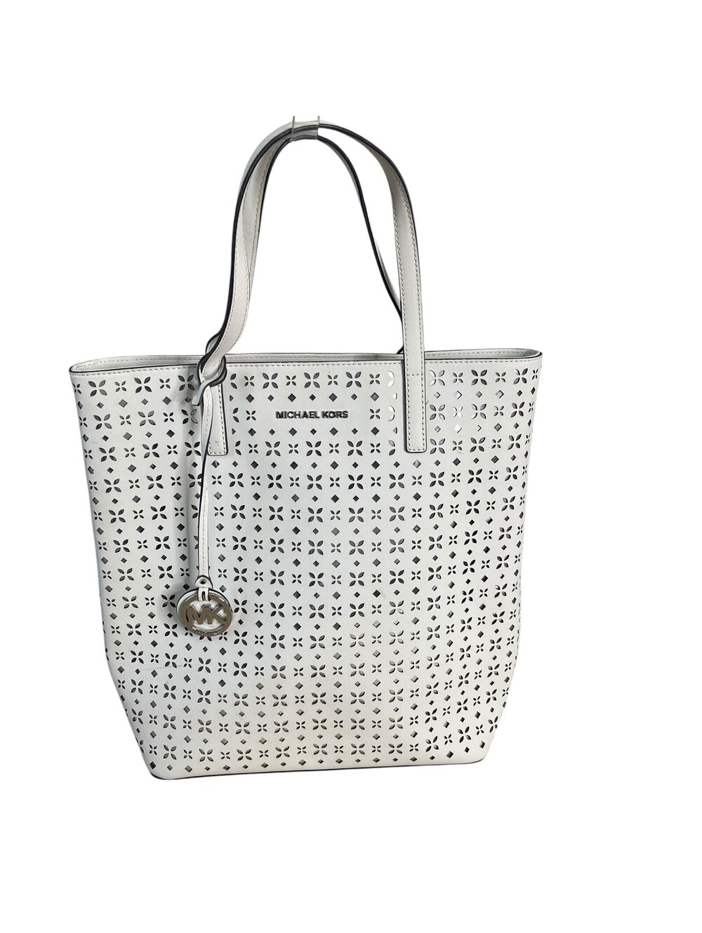 Michael Kors White Perforated Leather Tote Bag MK Charm